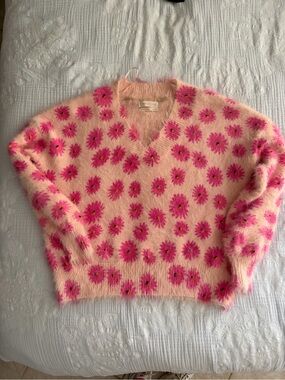 Urban Outfitters Peach-Pink Floral Fuzzy V-Neck Sweater